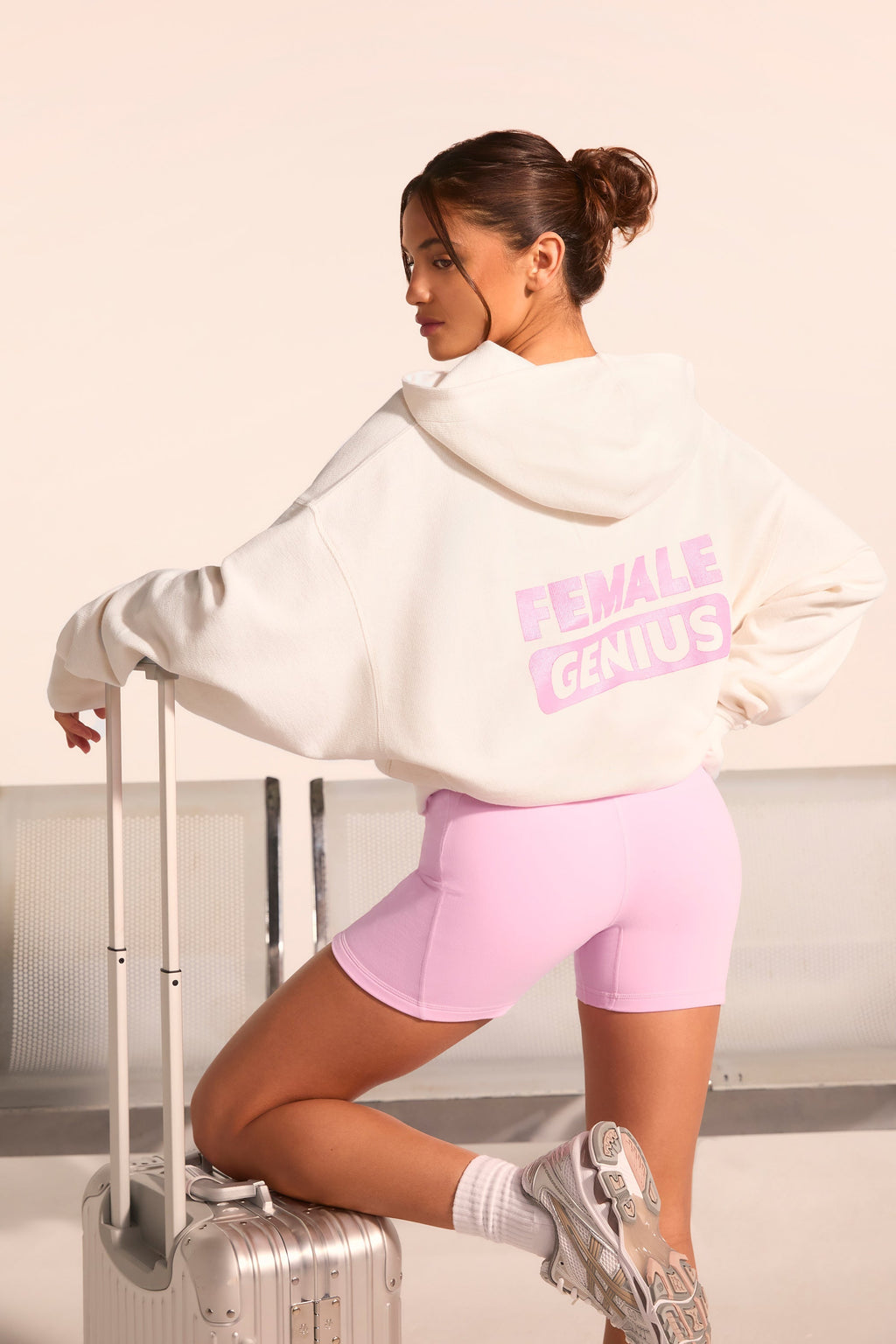 Textured Cotton Jersey Graphic Print Hoodie in White