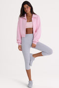 Ribbed Knit Zip-Up Cropped Sweatshirt in Pale Pink