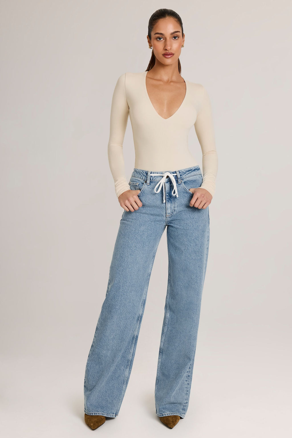 Modal Plunge Long-Sleeve Bodysuit  in Ivory